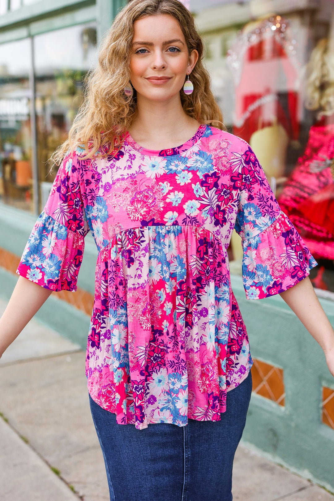 Diva Pink &amp; Blue Floral Print Babydoll Bell Sleeve Tops | Nikki &amp; Co. Boutique