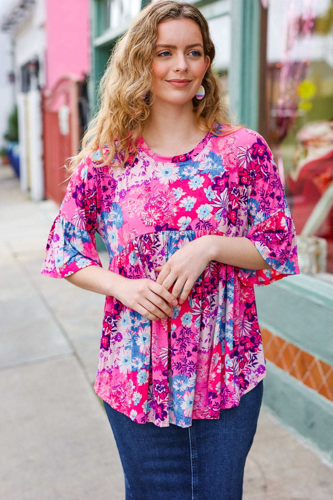 Diva Pink &amp; Blue Floral Print Babydoll Bell Sleeve Tops | Nikki &amp; Co. Boutique