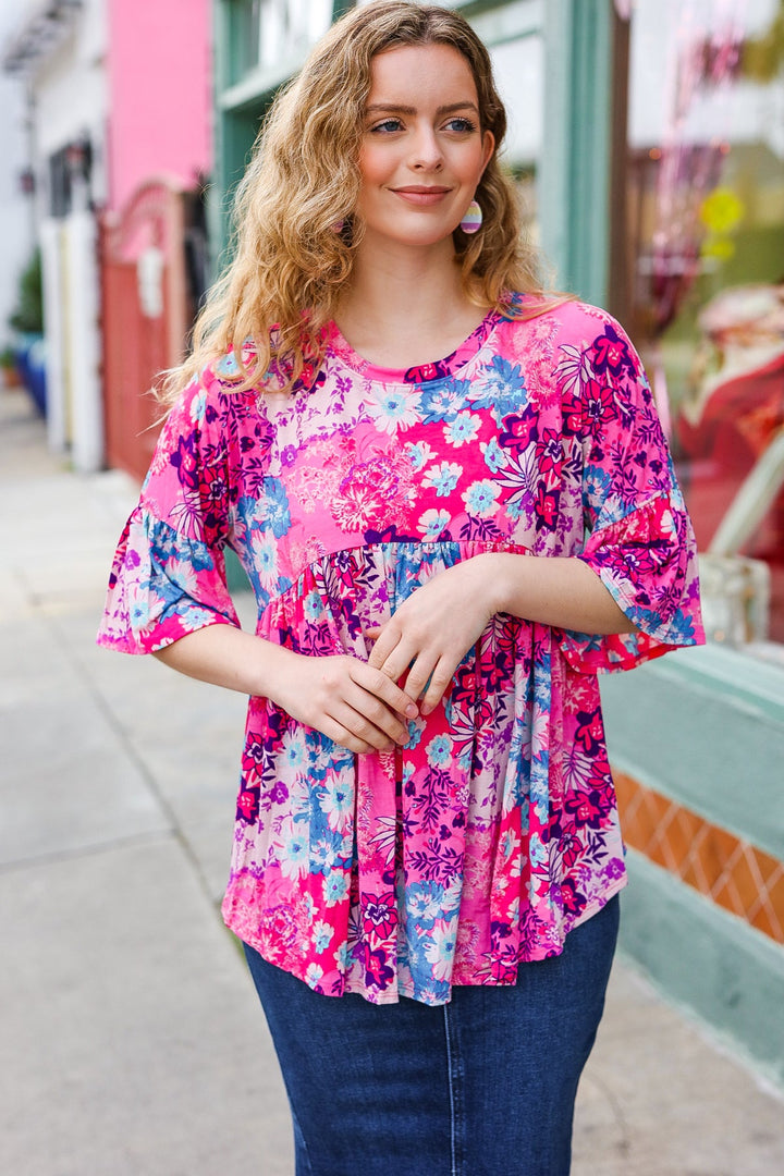 Diva Pink &amp; Blue Floral Print Babydoll Bell Sleeve Tops | Nikki &amp; Co. Boutique