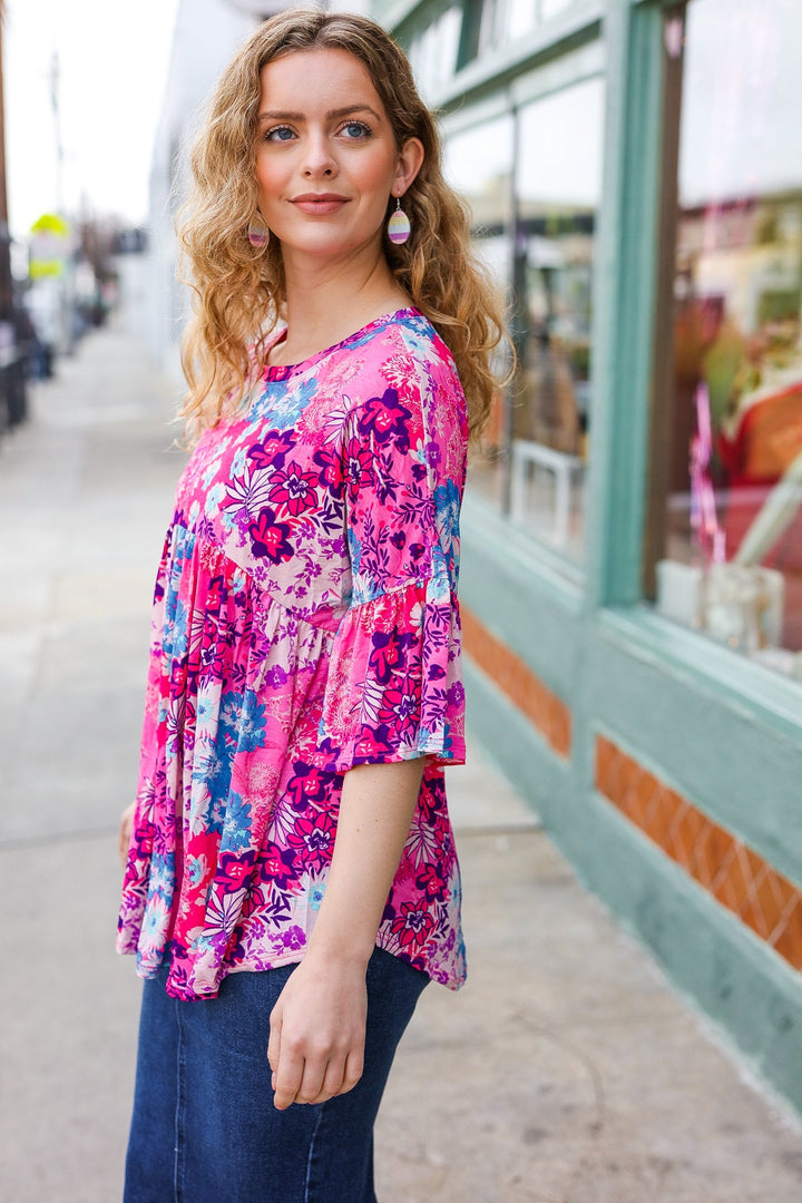 Diva Pink &amp; Blue Floral Print Babydoll Bell Sleeve Tops | Nikki &amp; Co. Boutique