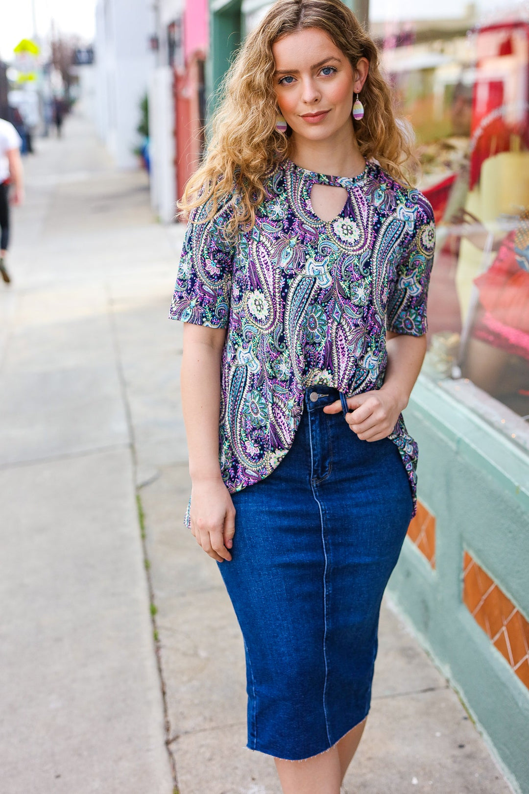 Bold &amp; Sassy Navy Floral Paisley Front Keyhole Tunic Top | Nikki &amp; Co. Boutique