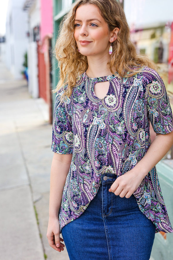 Bold &amp; Sassy Navy Floral Paisley Front Keyhole Tunic Top | Nikki &amp; Co. Boutique