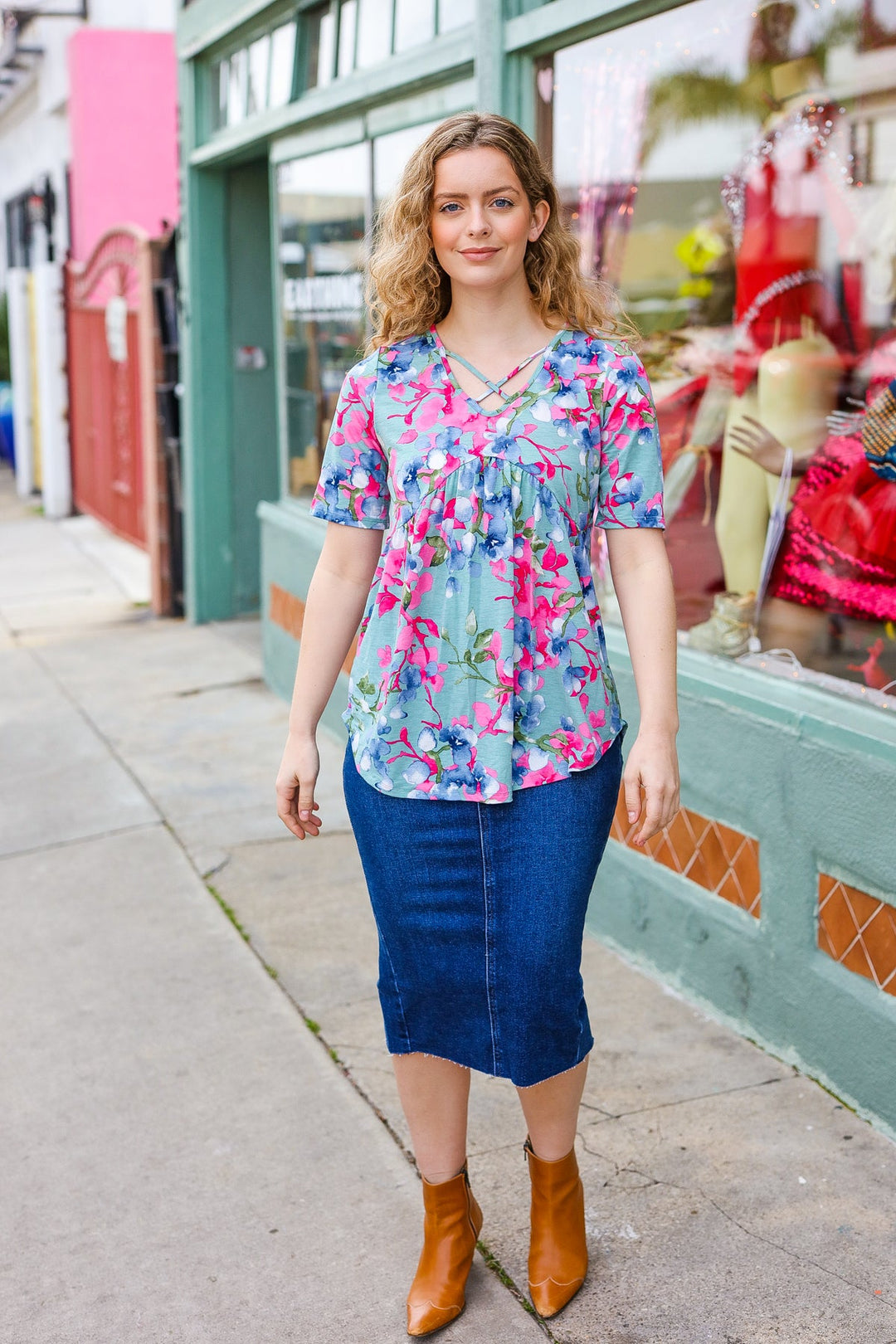 Sunny Days Light Teal Floral Criss Cross V Neck Babydoll Tops | Nikki &amp; Co. Boutique