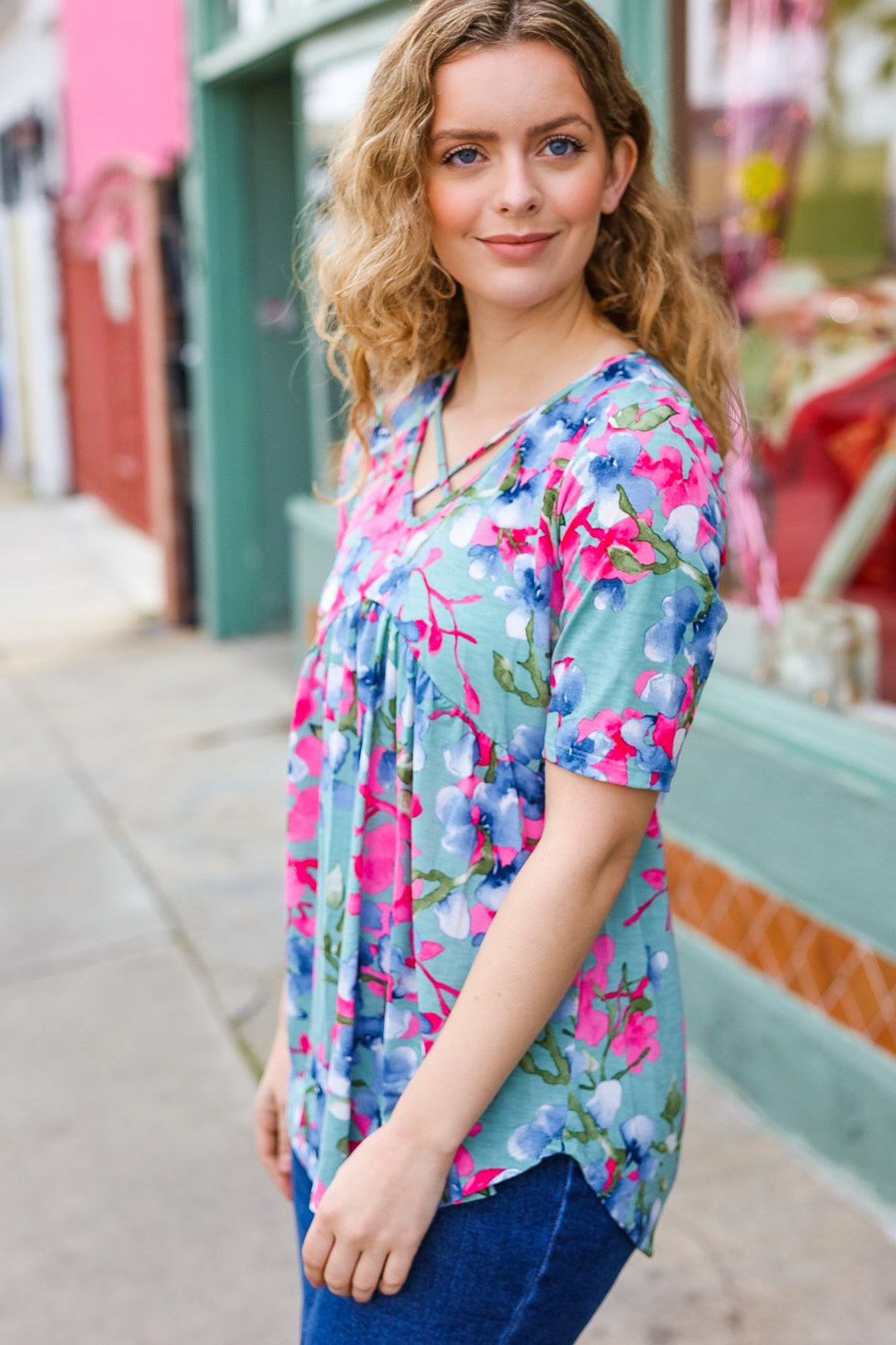 Sunny Days Light Teal Floral Criss Cross V Neck Babydoll Tops | Nikki &amp; Co. Boutique