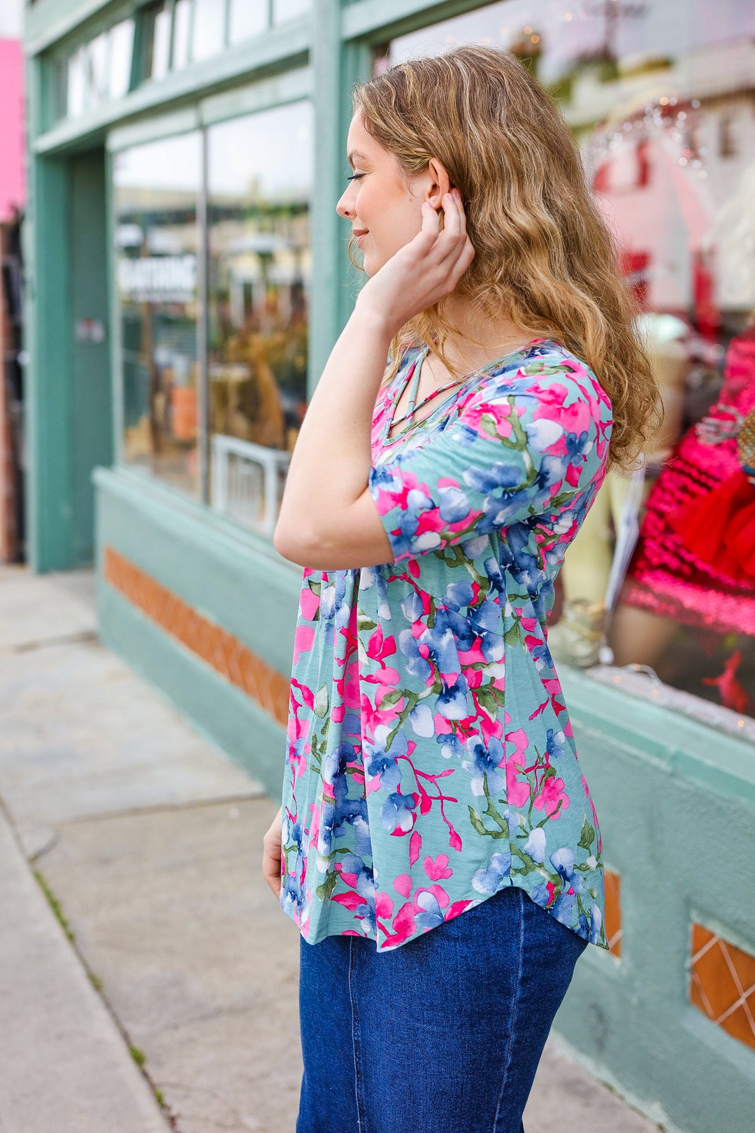 Sunny Days Light Teal Floral Criss Cross V Neck Babydoll Tops | Nikki &amp; Co. Boutique