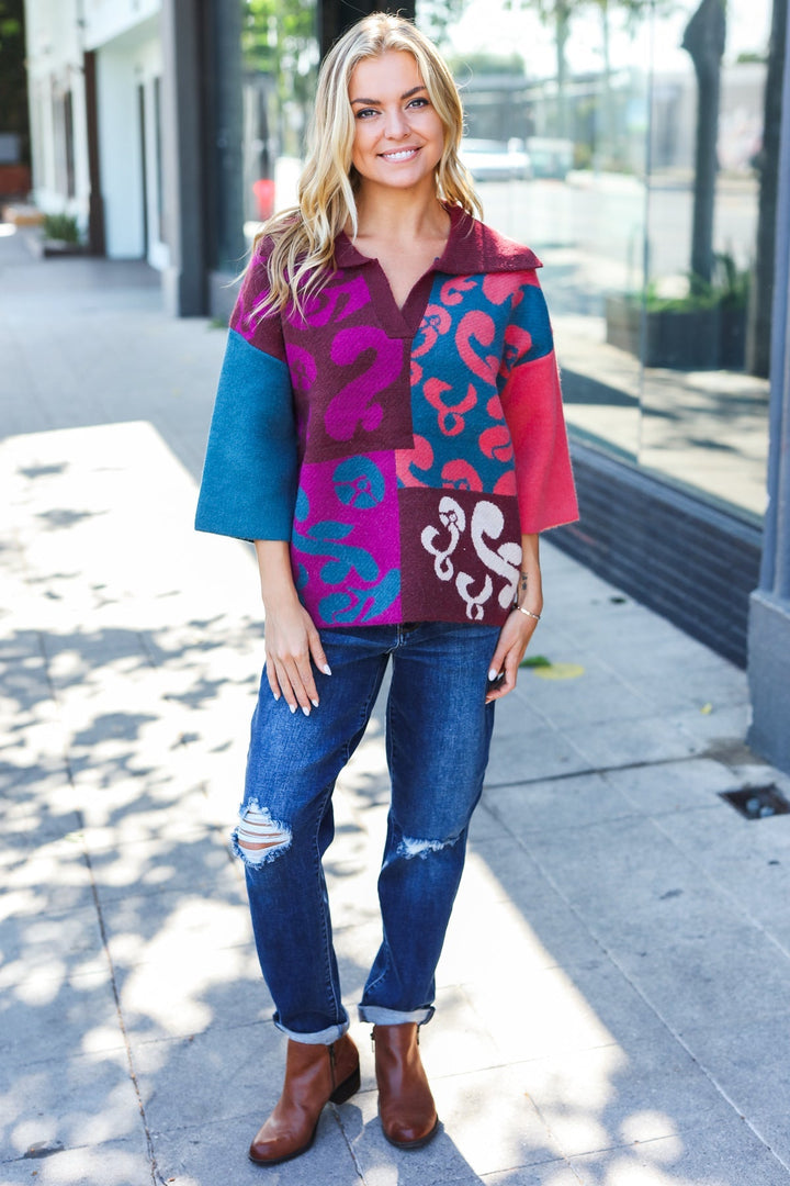 Feeling Your Best Wine Abstract Print Color Block Collar V Neck Sweater | Nikki &amp; Co. Boutique