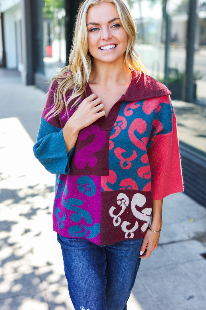 Feeling Your Best Wine Abstract Print Color Block Collar V Neck Sweater | Nikki &amp; Co. Boutique