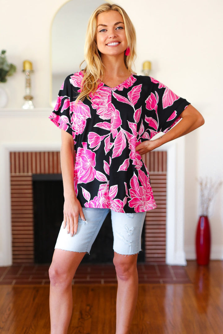 Tropical Vibes Black &amp; Hot Pink Floral V Neck Tops | Nikki &amp; Co. Boutique
