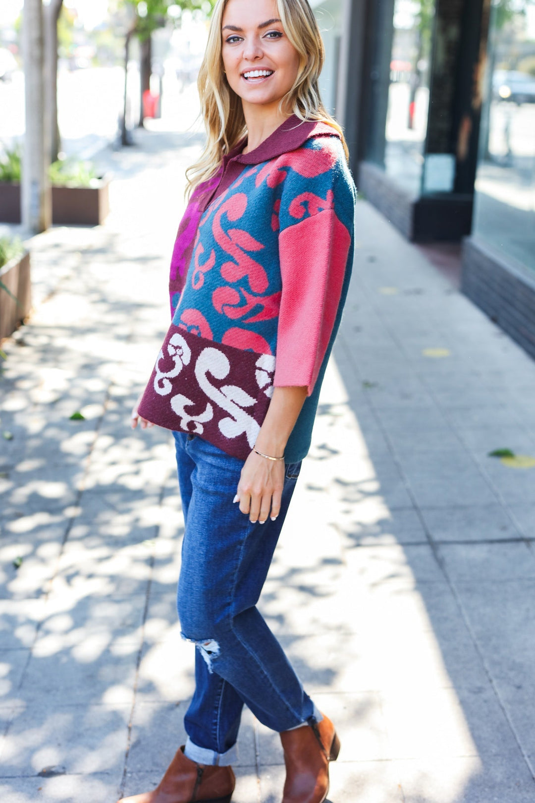 Feeling Your Best Wine Abstract Print Color Block Collar V Neck Sweater | Nikki &amp; Co. Boutique