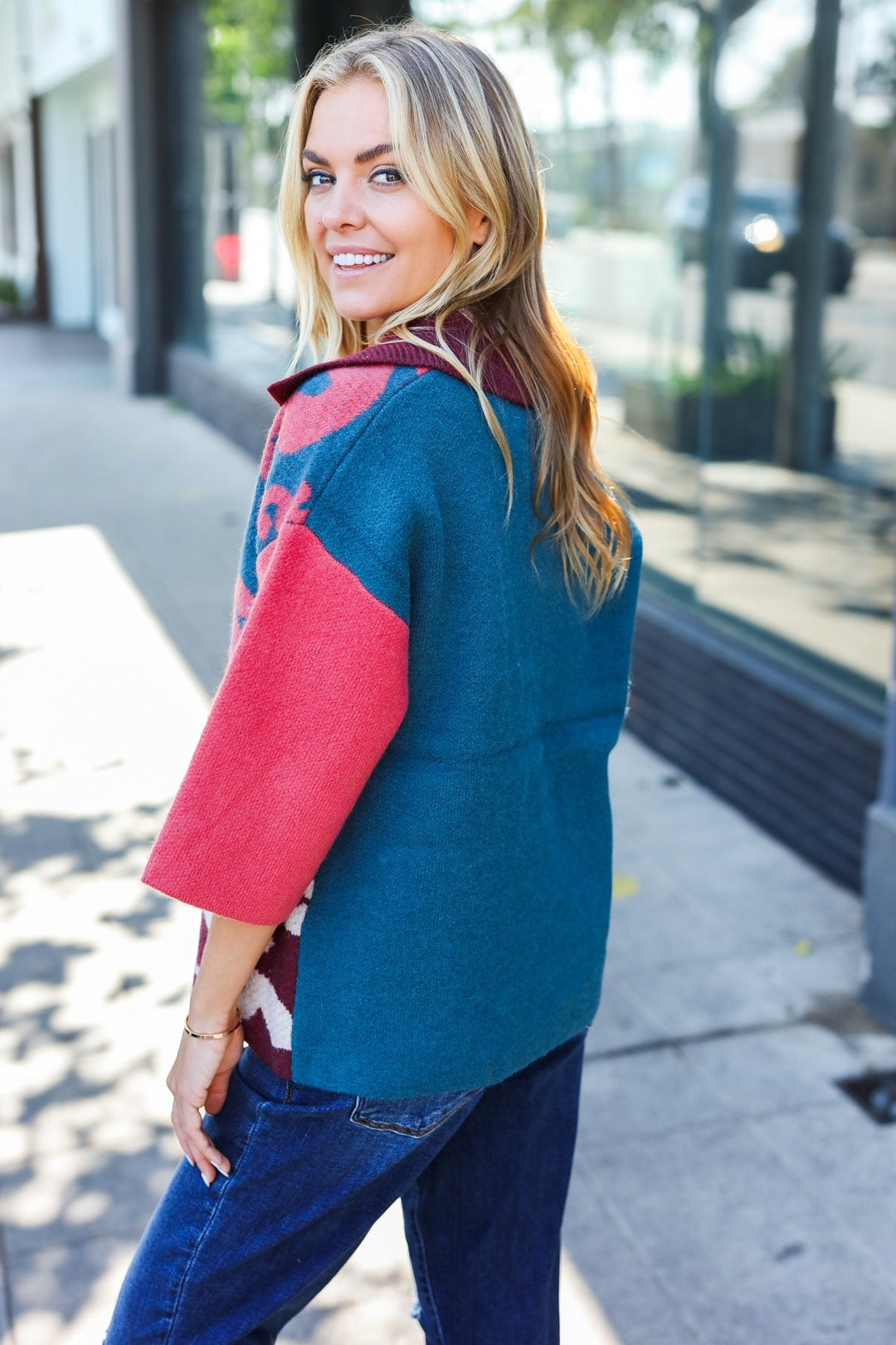Feeling Your Best Wine Abstract Print Color Block Collar V Neck Sweater | Nikki &amp; Co. Boutique
