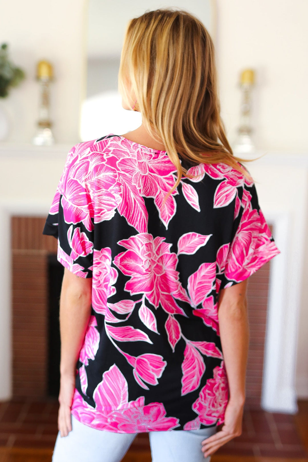 Tropical Vibes Black &amp; Hot Pink Floral V Neck Tops | Nikki &amp; Co. Boutique