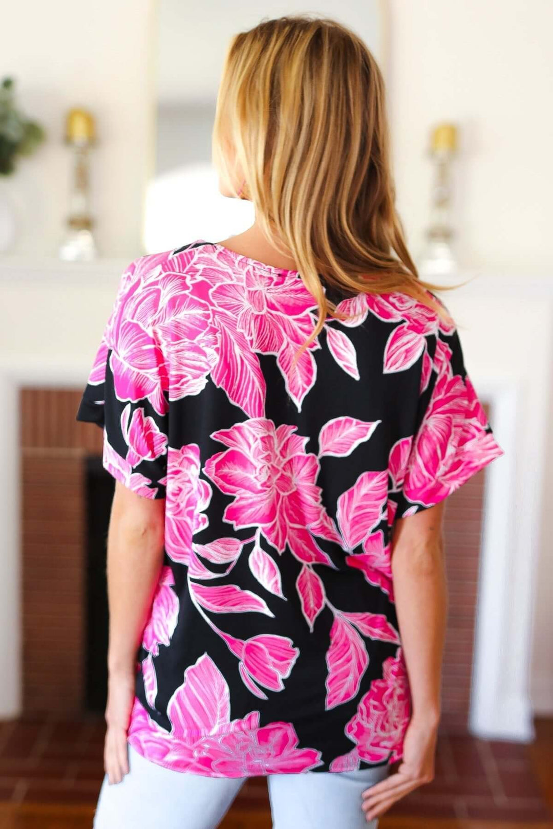 Tropical Vibes Black &amp; Hot Pink Floral V Neck Tops - Nikki &amp; Co. Boutique