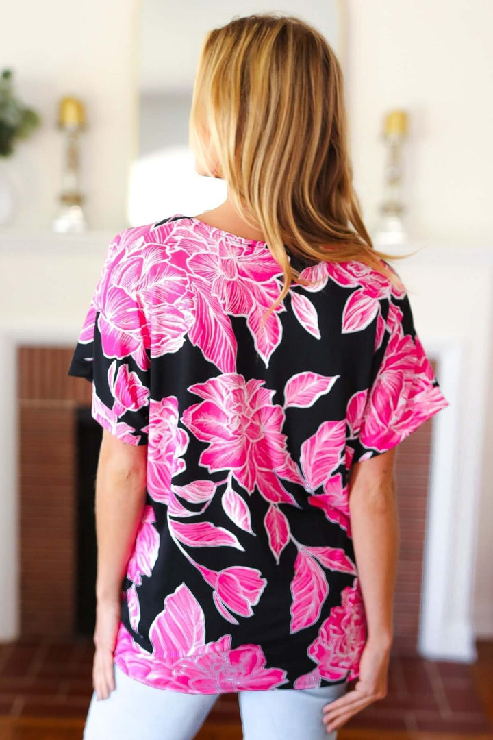 Tropical Vibes Black &amp; Hot Pink Floral V Neck Tops - Nikki &amp; Co. Boutique