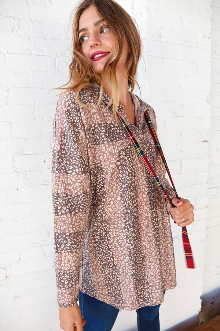Beige Striped Animal Print Drawstring Hoodie | Nikki &amp; Co. Boutique