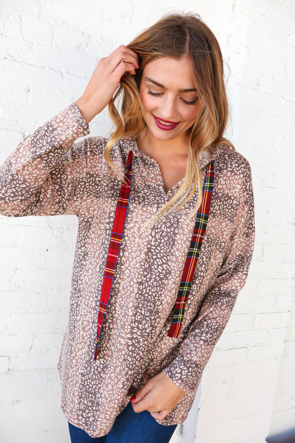 Beige Striped Animal Print Drawstring Hoodie | Nikki &amp; Co. Boutique