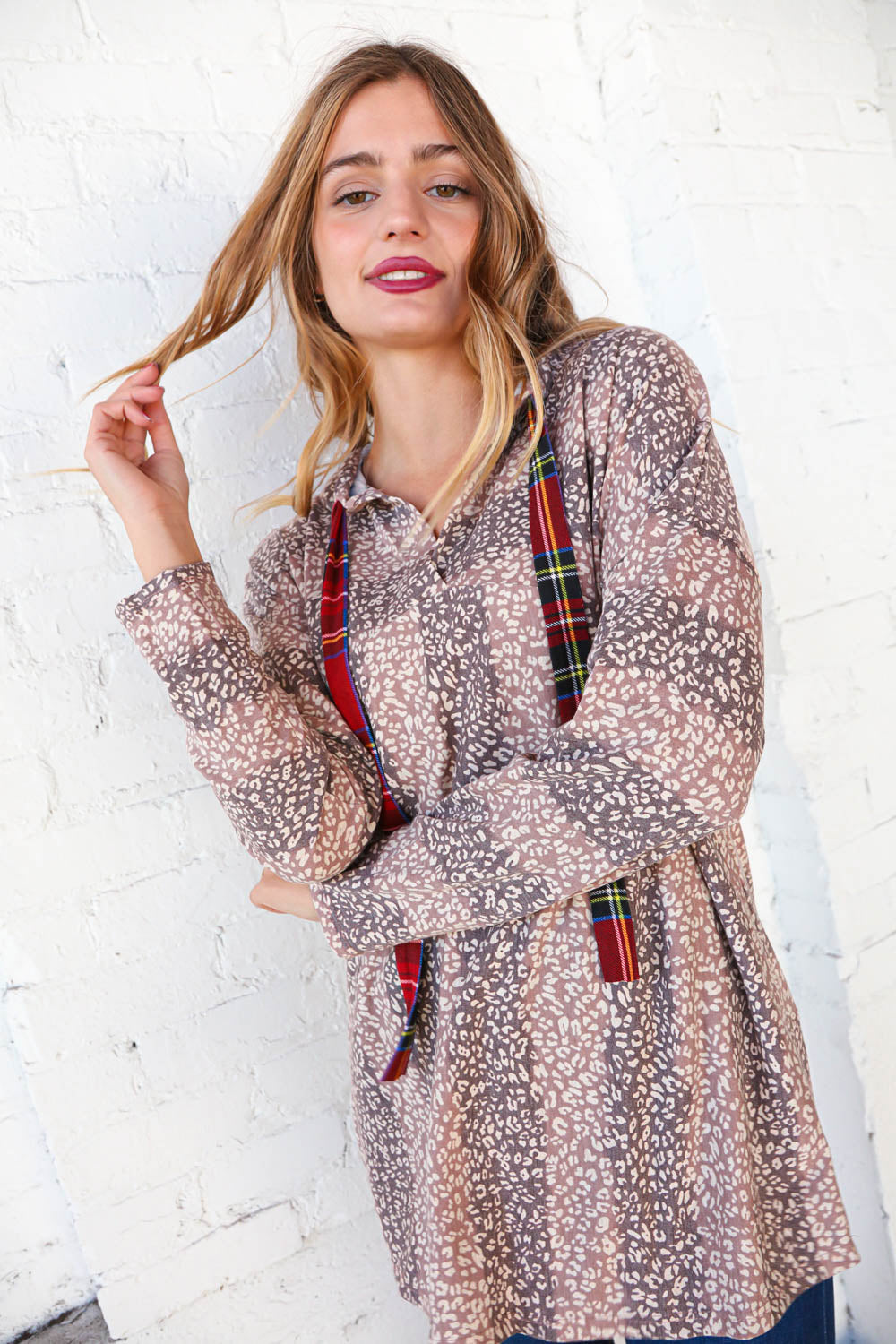 Beige Striped Animal Print Drawstring Hoodie | Nikki &amp; Co. Boutique