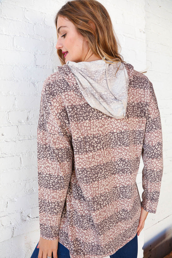 Beige Striped Animal Print Drawstring Hoodie | Nikki &amp; Co. Boutique