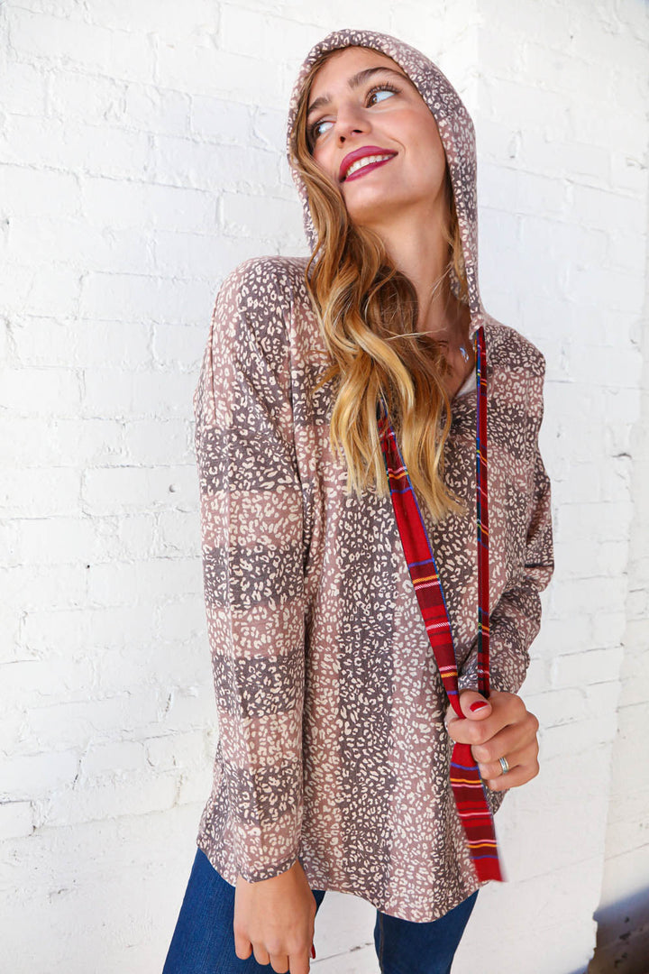 Beige Striped Animal Print Drawstring Hoodie | Nikki &amp; Co. Boutique