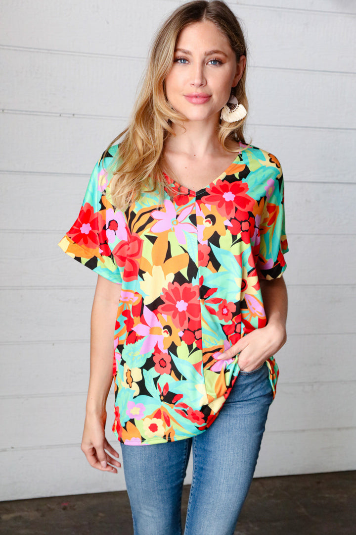 Multicolor Tropical Floral V Neck Drop Shoulder Tops | Nikki &amp; Co. Boutique