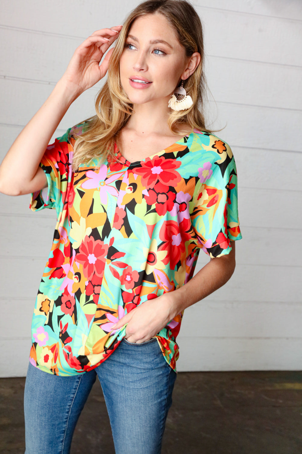 Multicolor Tropical Floral V Neck Drop Shoulder Tops | Nikki &amp; Co. Boutique