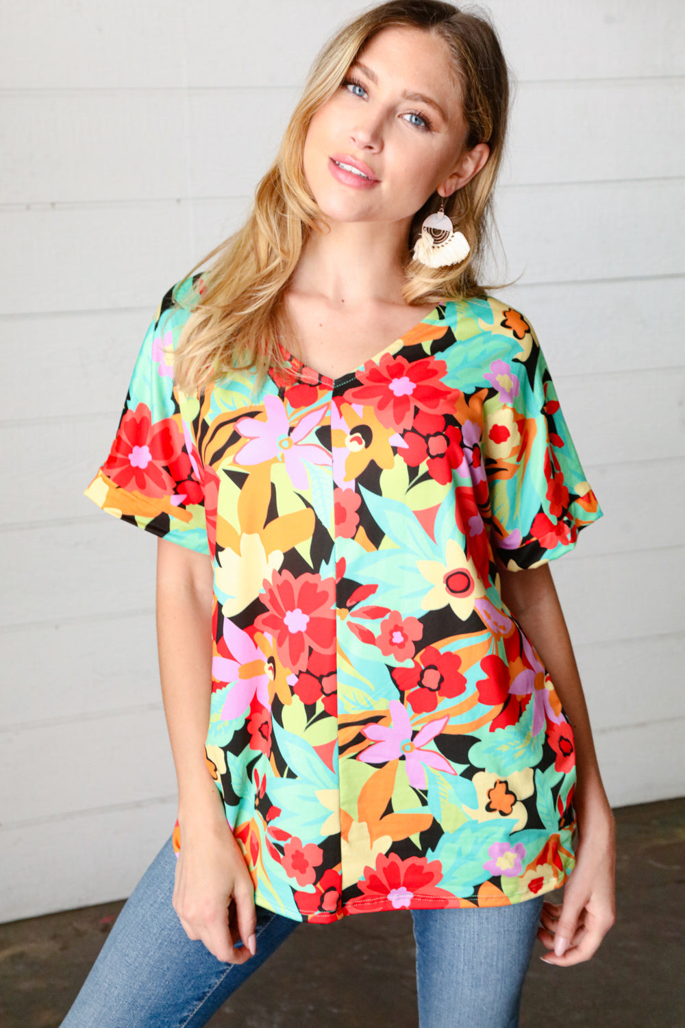 Multicolor Tropical Floral V Neck Drop Shoulder Tops | Nikki &amp; Co. Boutique