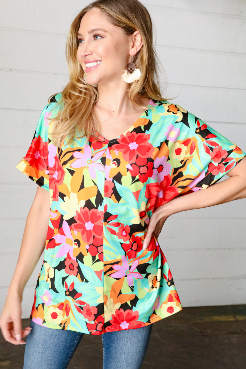 Multicolor Tropical Floral V Neck Drop Shoulder Tops | Nikki &amp; Co. Boutique