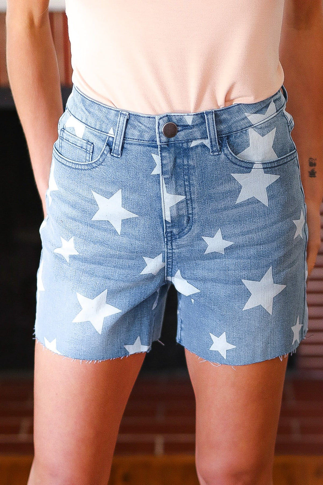 Light Wash Star Print High Rise Denim Shorts | Nikki &amp; Co. Boutique