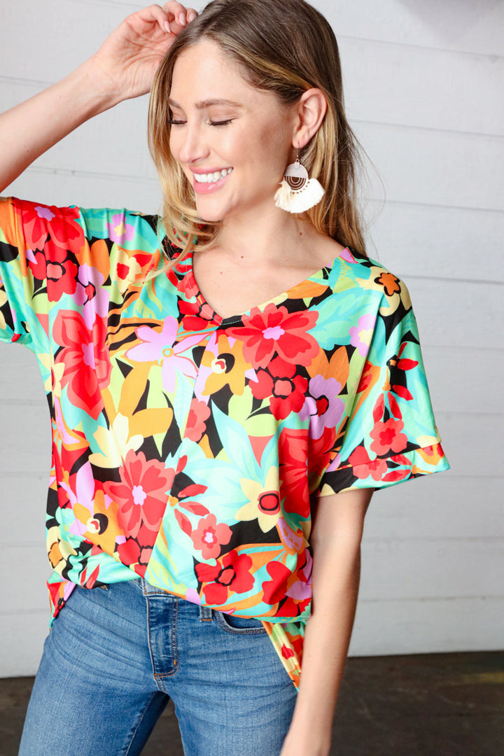 Multicolor Tropical Floral V Neck Drop Shoulder Tops | Nikki &amp; Co. Boutique