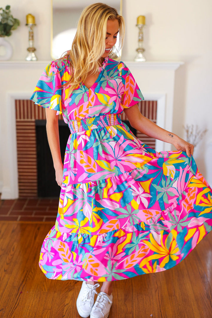Tropical Trance Fuchsia Floral Smocked Waist Maxi Dress | Nikki &amp; Co. Boutique