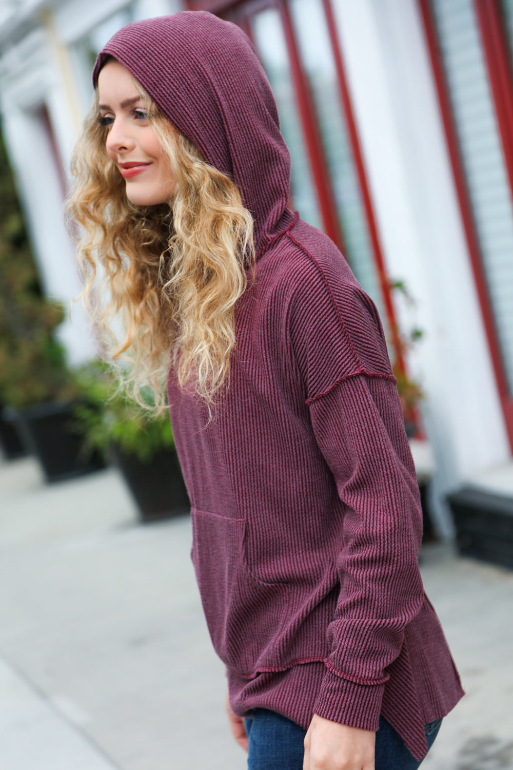 A New Day Burgundy Mineral Wash Rib Knit Hoodie | Nikki &amp; Co. Boutique