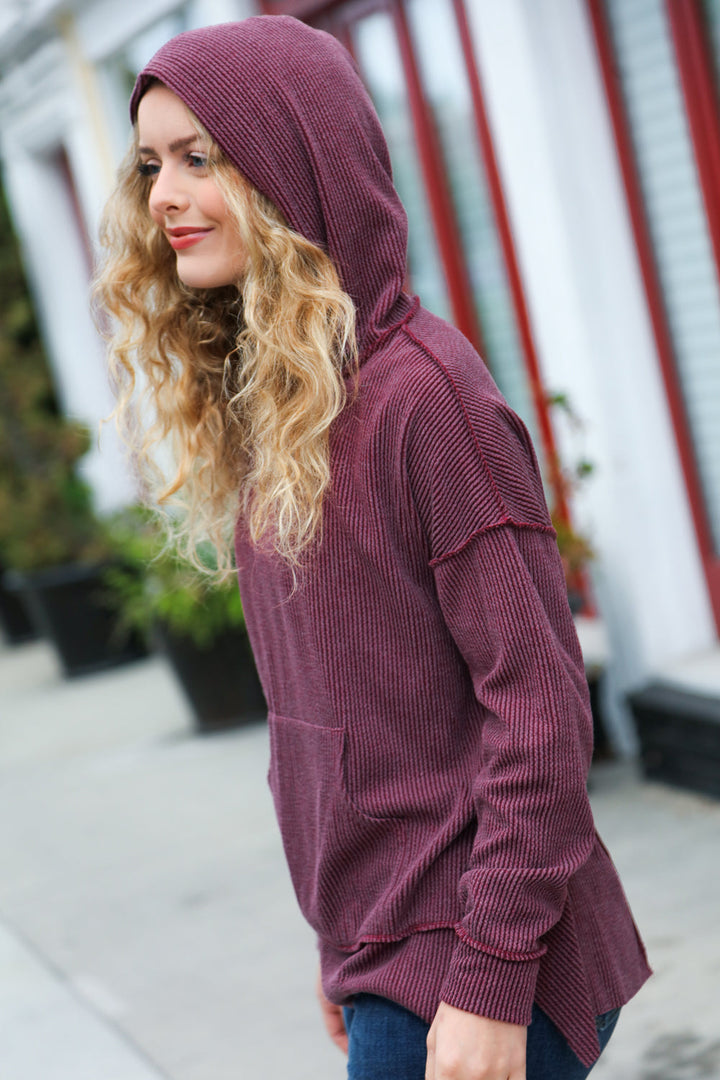A New Day Burgundy Mineral Wash Rib Knit Hoodie | Nikki &amp; Co. Boutique