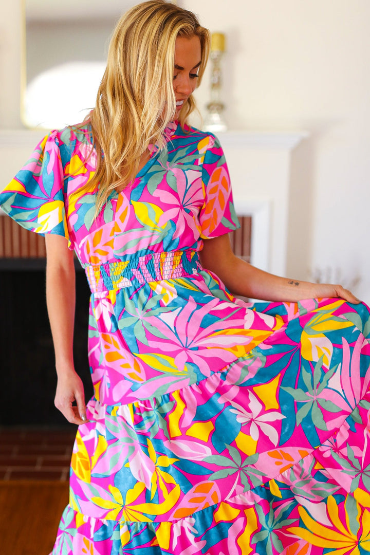 Tropical Trance Fuchsia Floral Smocked Waist Maxi Dress | Nikki &amp; Co. Boutique