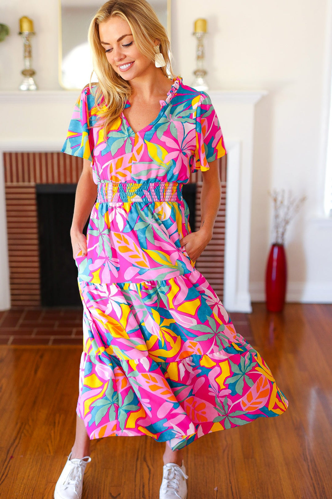 Tropical Trance Fuchsia Floral Smocked Waist Maxi Dress | Nikki &amp; Co. Boutique