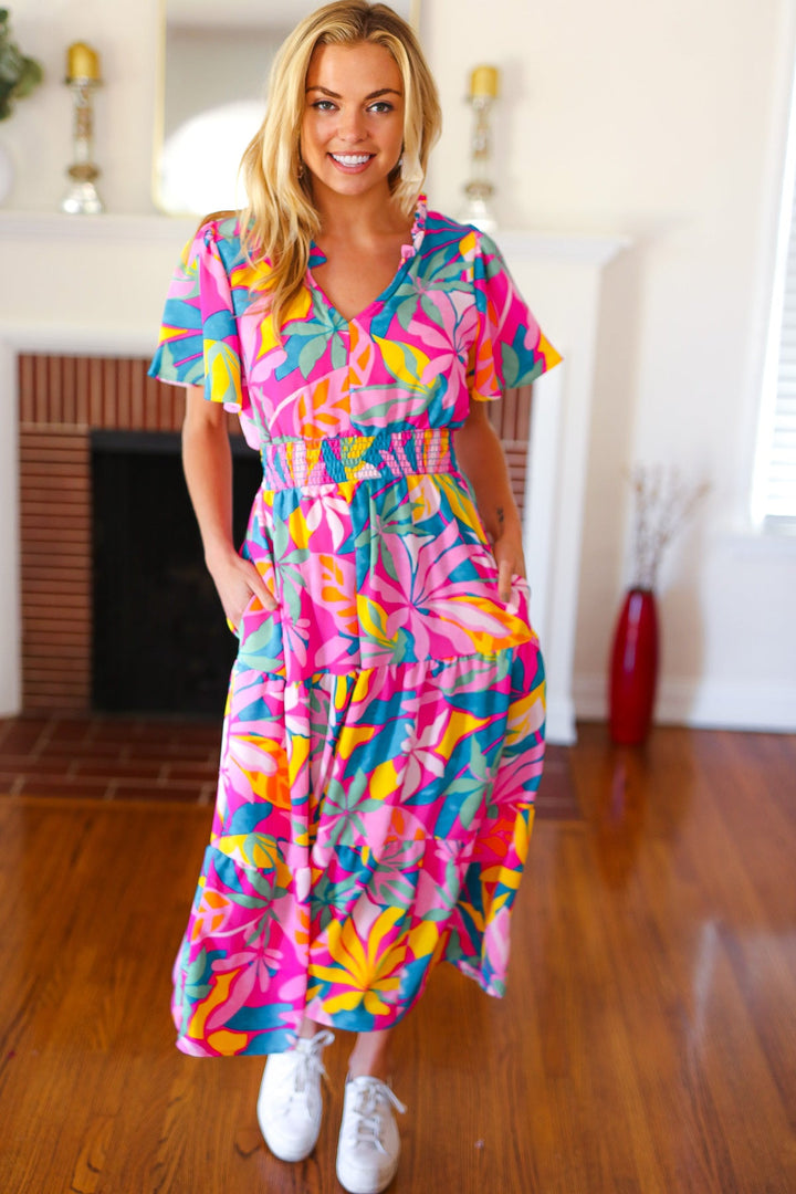 Tropical Trance Fuchsia Floral Smocked Waist Maxi Dress | Nikki &amp; Co. Boutique
