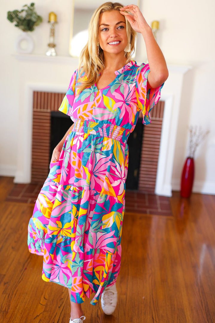 Tropical Trance Fuchsia Floral Smocked Waist Maxi Dress | Nikki &amp; Co. Boutique