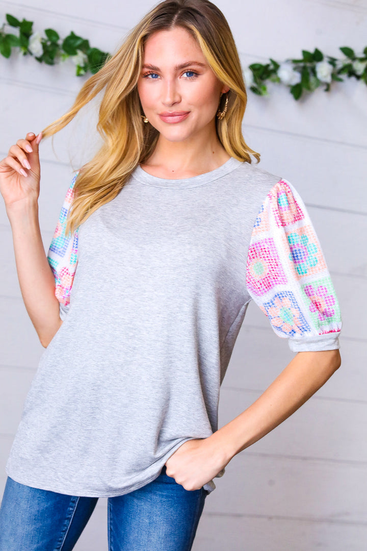 Grey Floral Crochet Print Puff Sleeve Tops | Nikki &amp; Co. Boutique