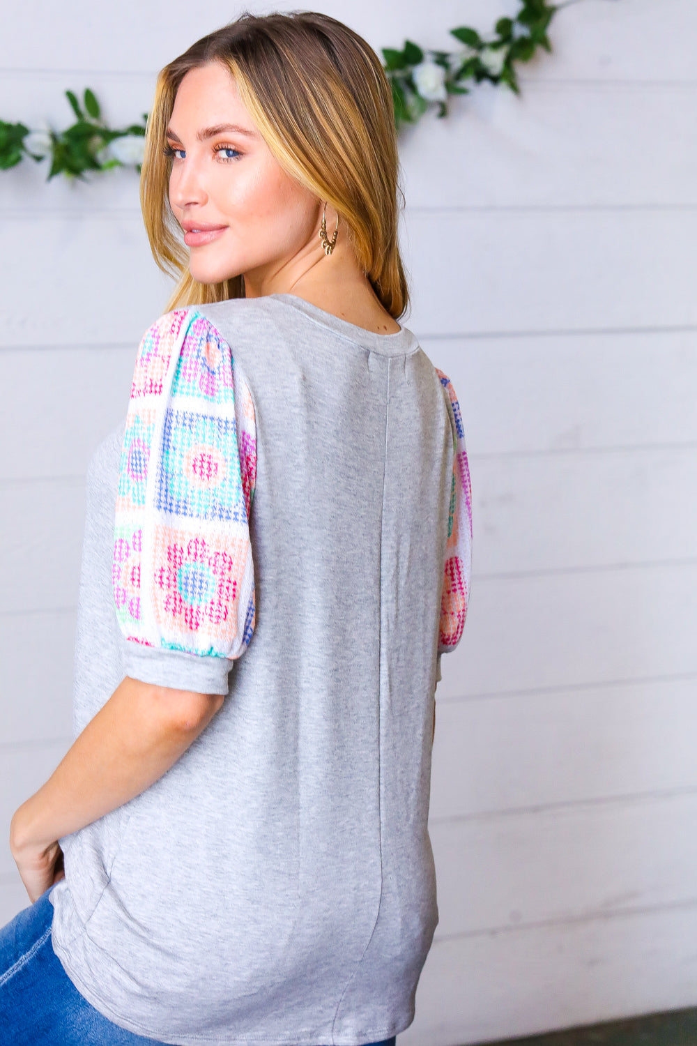 Grey Floral Crochet Print Puff Sleeve Tops | Nikki &amp; Co. Boutique