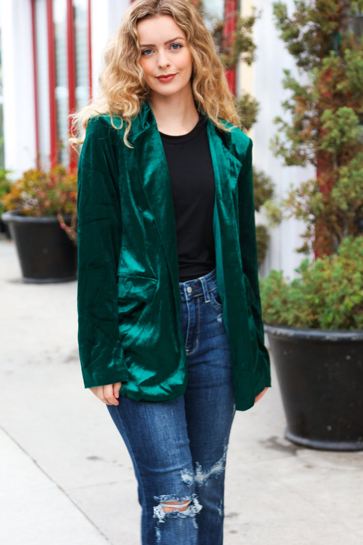 Dazzling Hunter Green Velvet Lapel Blazer | Nikki &amp; Co. Boutique