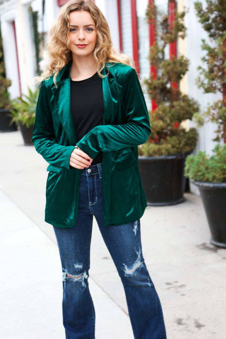 Dazzling Hunter Green Velvet Lapel Blazer | Nikki &amp; Co. Boutique