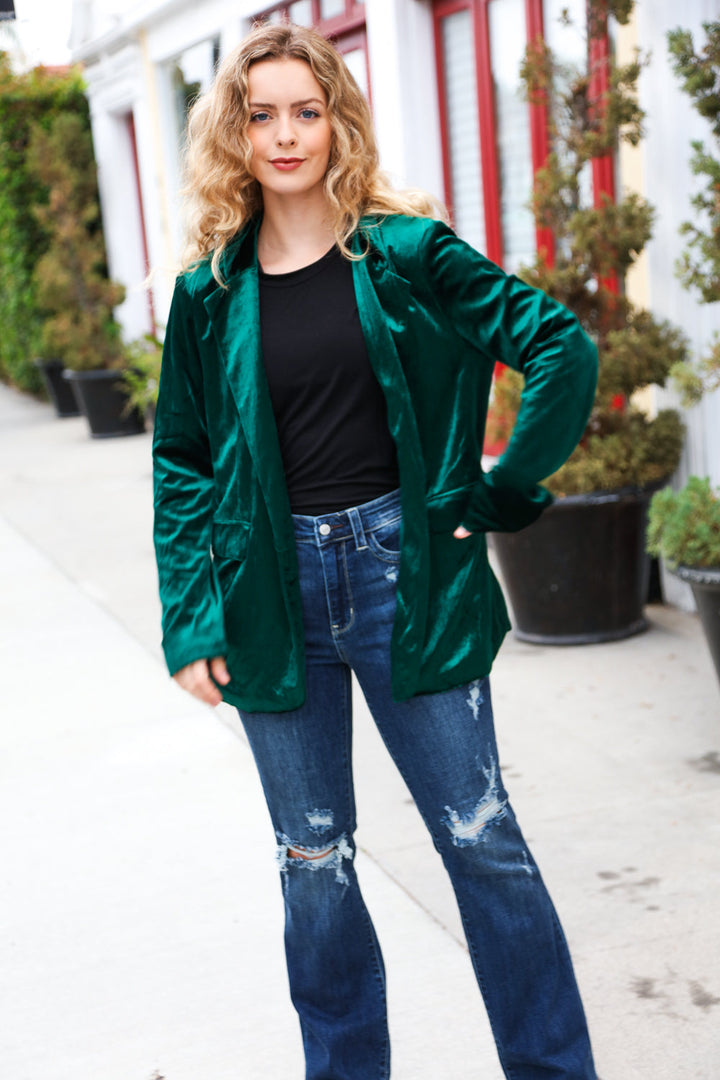 Dazzling Hunter Green Velvet Lapel Blazer | Nikki &amp; Co. Boutique