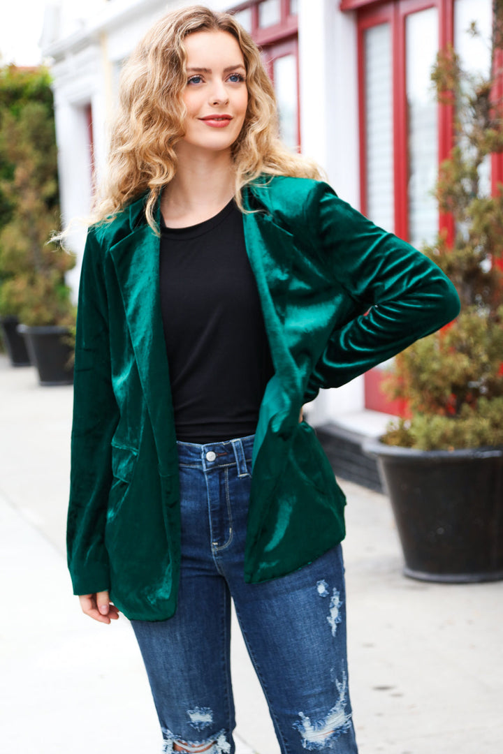 Dazzling Hunter Green Velvet Lapel Blazer | Nikki &amp; Co. Boutique