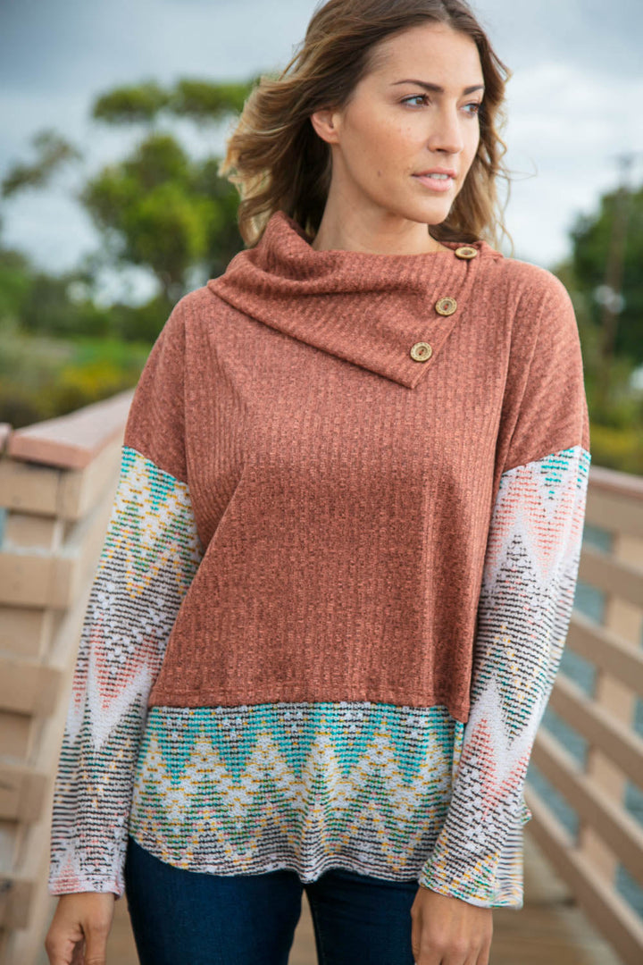 Two Tone Brush Hacci Ethnic Turtleneck Top | Nikki &amp; Co. Boutique