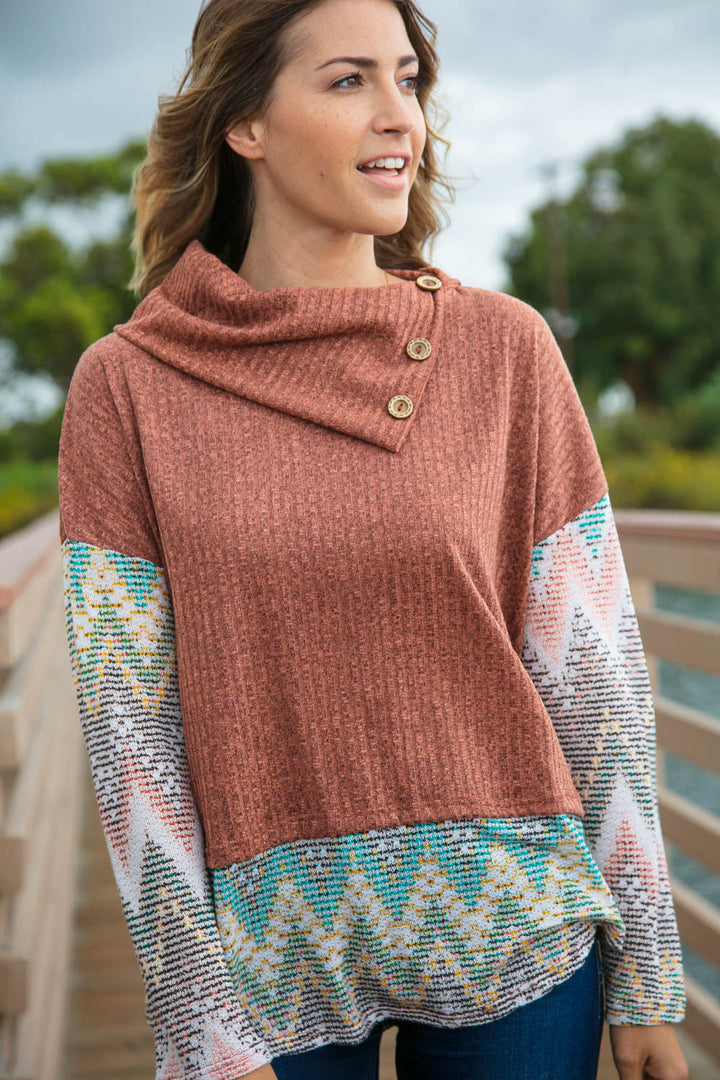 Two Tone Brush Hacci Ethnic Turtleneck Top | Nikki &amp; Co. Boutique