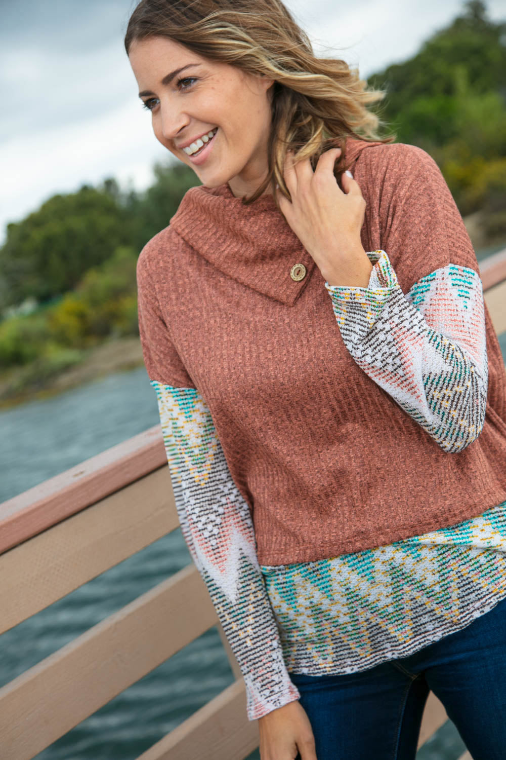 Two Tone Brush Hacci Ethnic Turtleneck Top | Nikki &amp; Co. Boutique