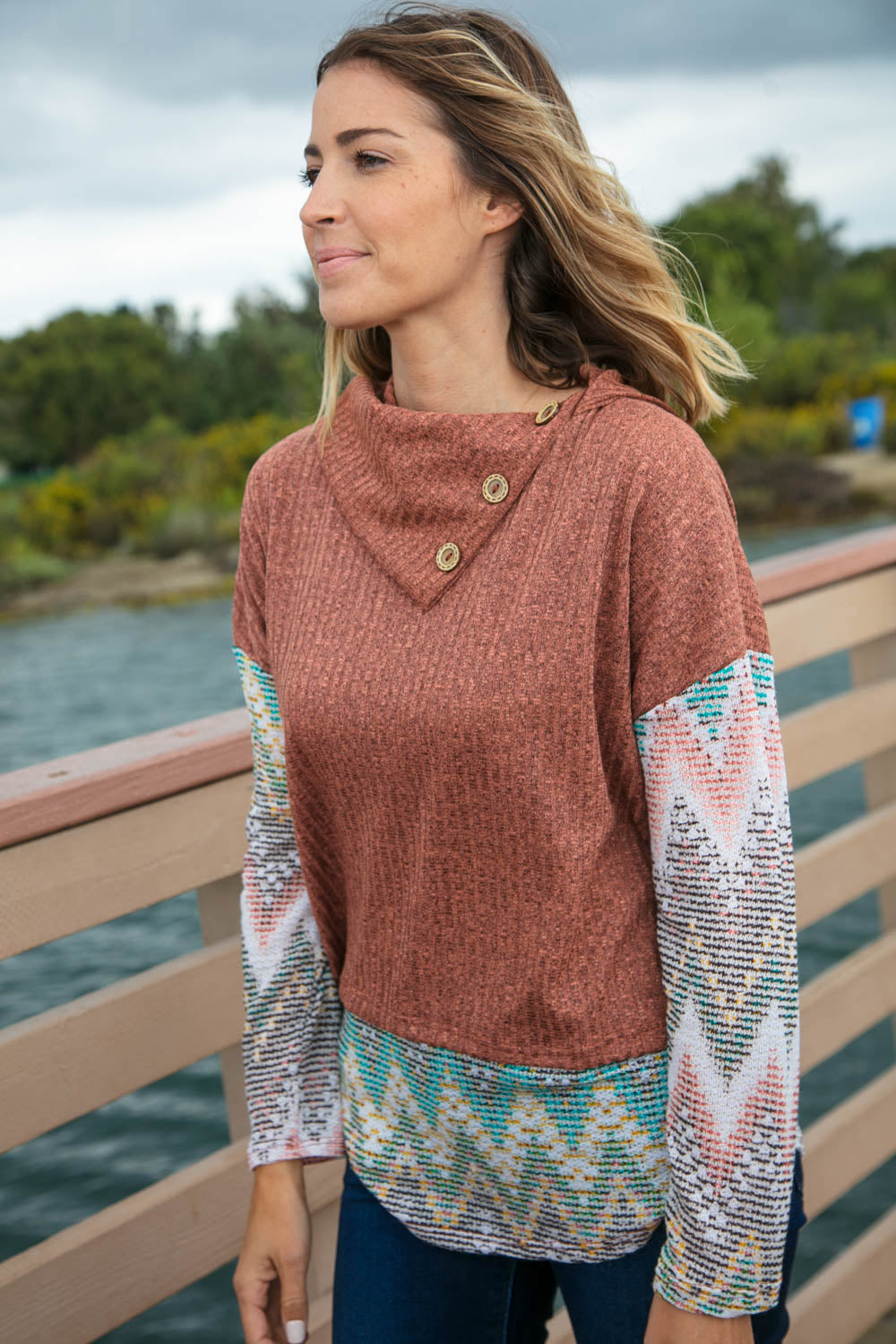 Two Tone Brush Hacci Ethnic Turtleneck Top | Nikki &amp; Co. Boutique