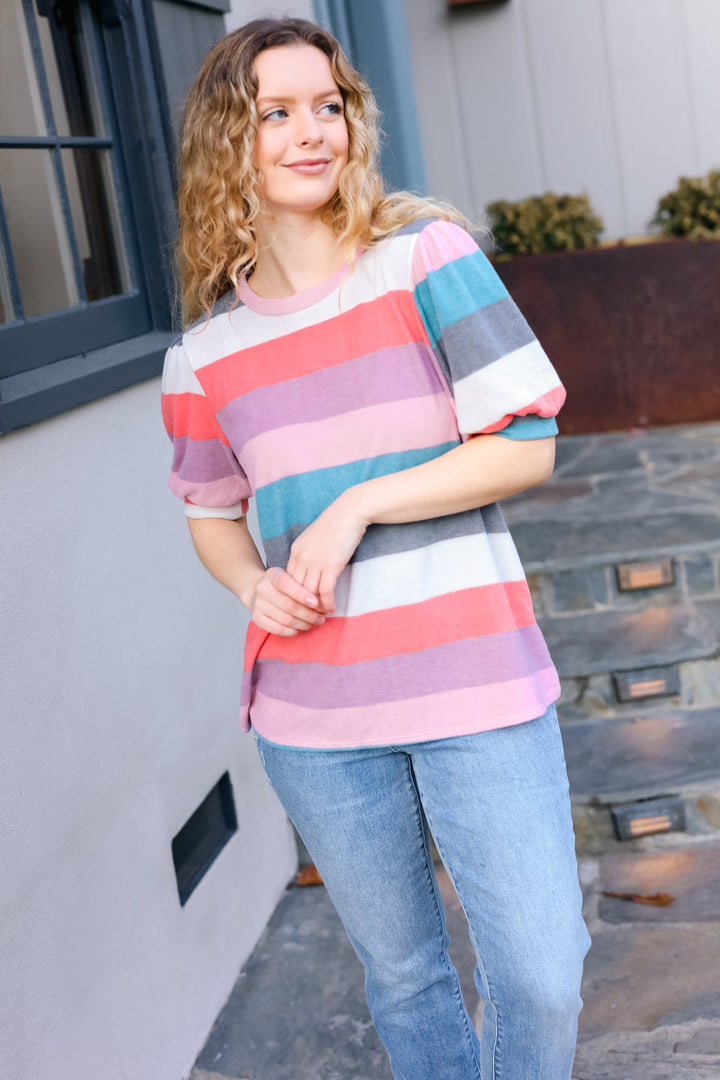 Look Out Teal &amp; Rose Striped Hacci Knit Puff Sleeve Top | Nikki &amp; Co. Boutique