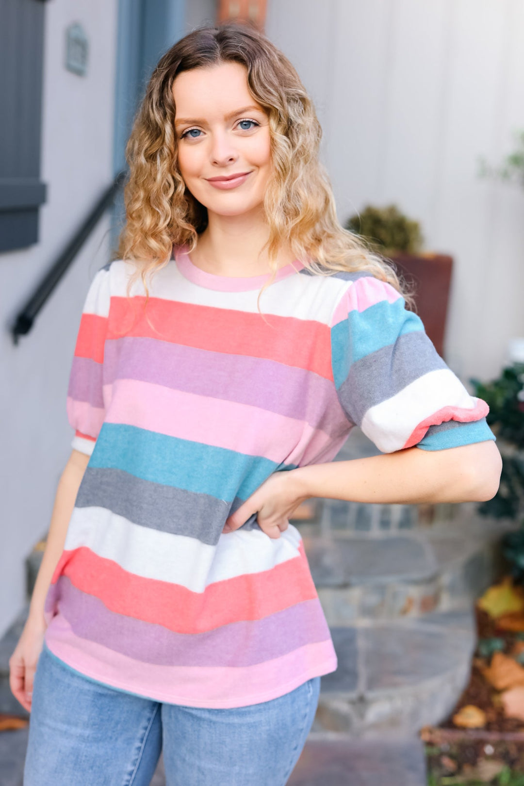 Look Out Teal &amp; Rose Striped Hacci Knit Puff Sleeve Top | Nikki &amp; Co. Boutique