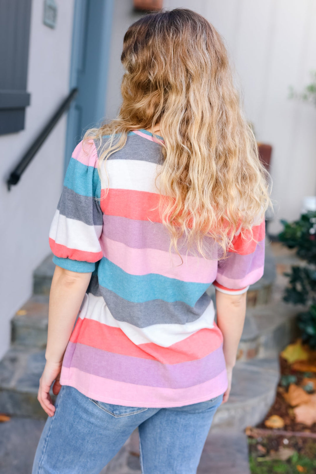 Look Out Teal &amp; Rose Striped Hacci Knit Puff Sleeve Top | Nikki &amp; Co. Boutique