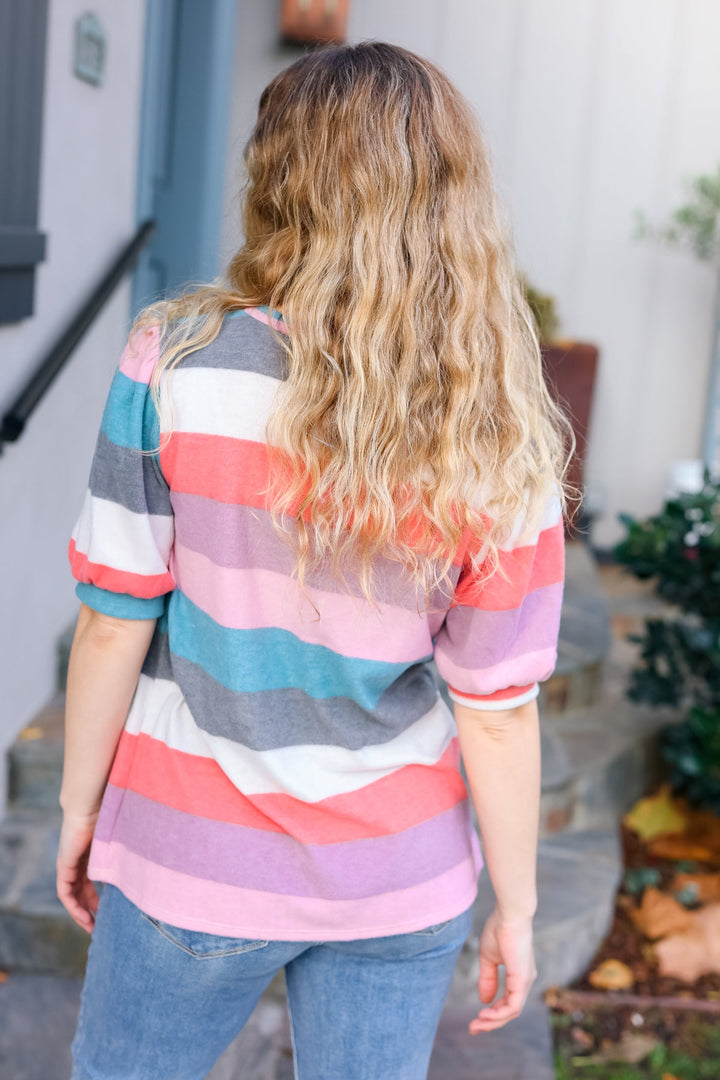 Look Out Teal &amp; Rose Striped Hacci Knit Puff Sleeve Top | Nikki &amp; Co. Boutique