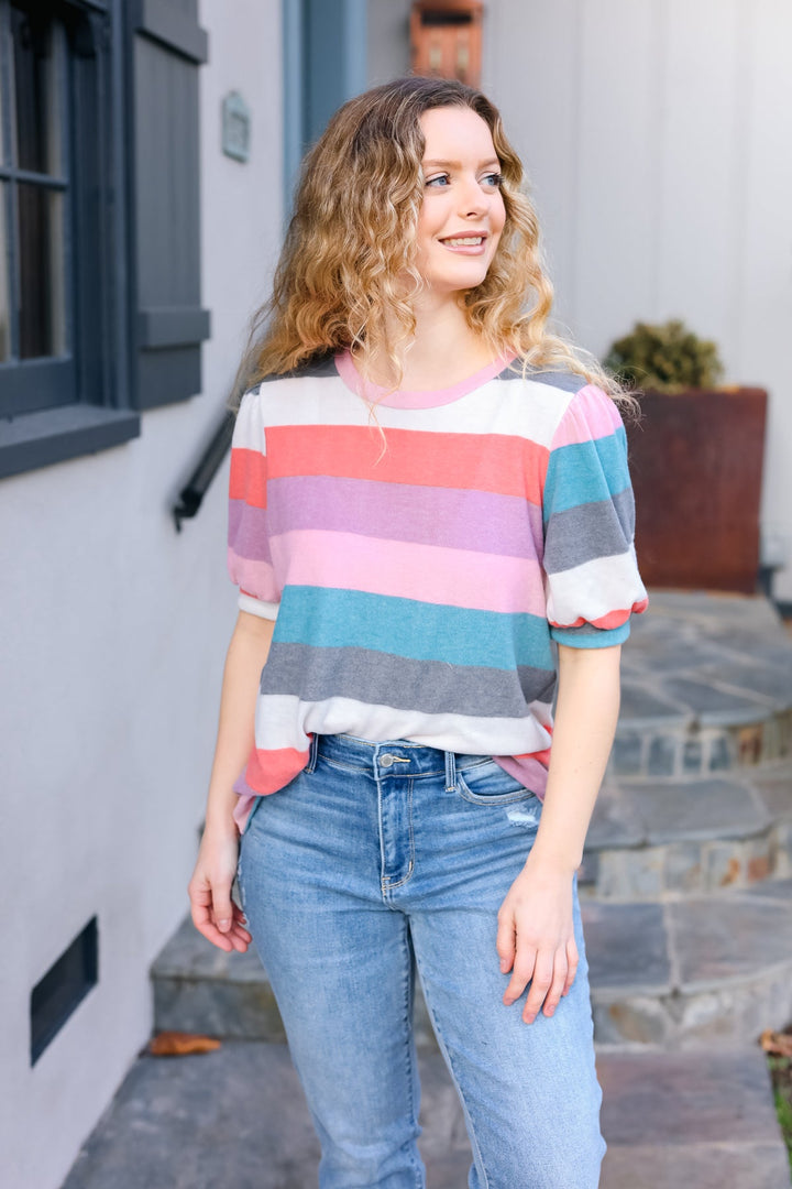 Look Out Teal &amp; Rose Striped Hacci Knit Puff Sleeve Top | Nikki &amp; Co. Boutique